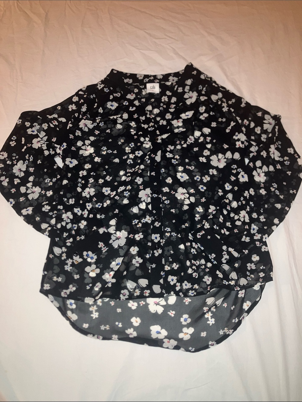 NWOT CAbi Black Floral Tie-Neck Blouse